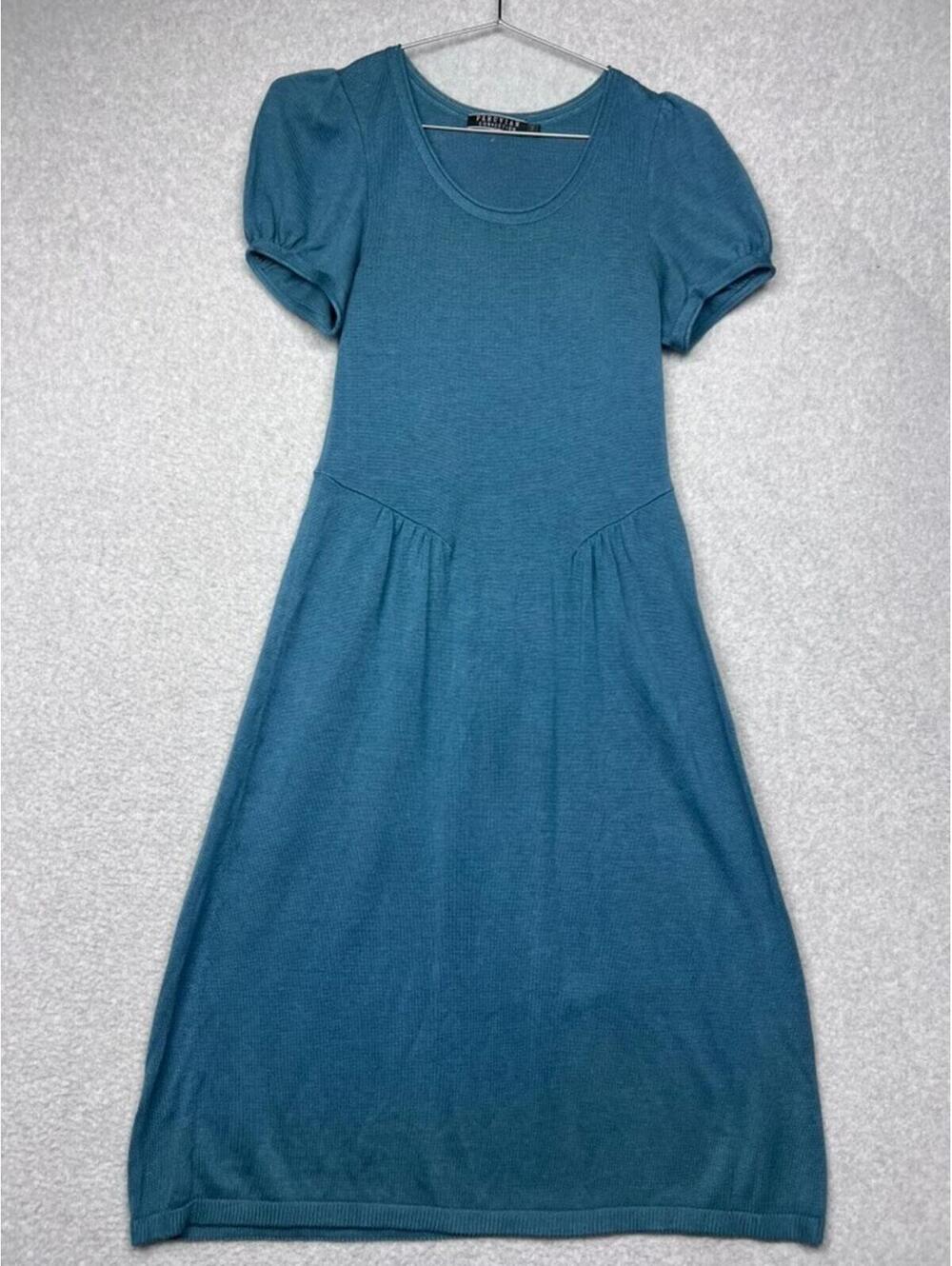 Peruvian Connection Dress S Blue Knit Pima Cotton Tencel Puff Sleeve Fit Flare